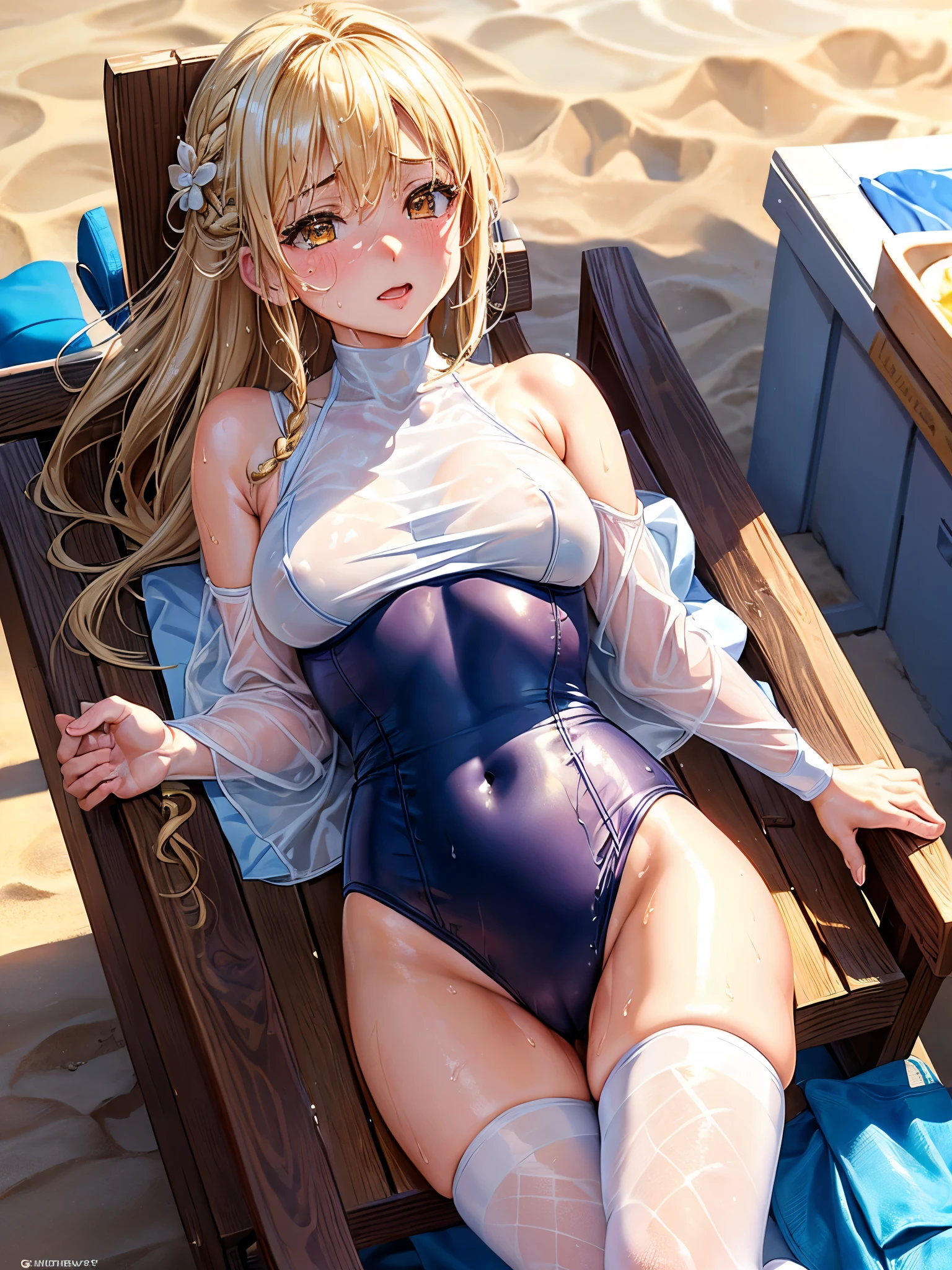 (highest quality)), ((masterpiece)), (family friendly), Perfect Face,Shiny skin,Beautiful breasts,Shiny skin、Kyoto Animation style painting、Hair、Golden Eyes、Sunburned skin、night、Braided Hair、Lying on your back、Leg spread、((Sweat))、(((Wet)))、Beach、Chair
、Off the shoulder、Fishnet tights、(((Sweat)))、(((White leotard)))、(((See-through)))