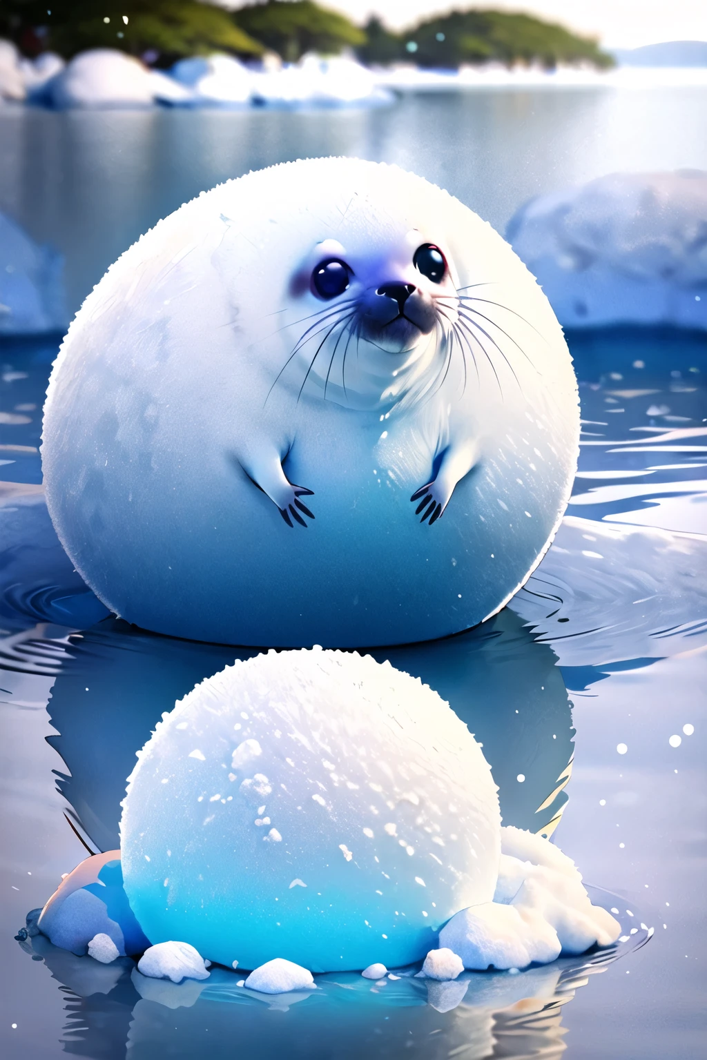 round animal,seal \(animal\),
fat,cute, ice, winter, 
best quality,depth of field,
