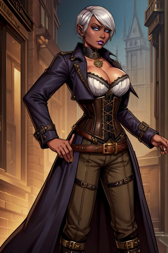 Butch Henchwoman, drow,brass,coat,steampunk,corset,straps