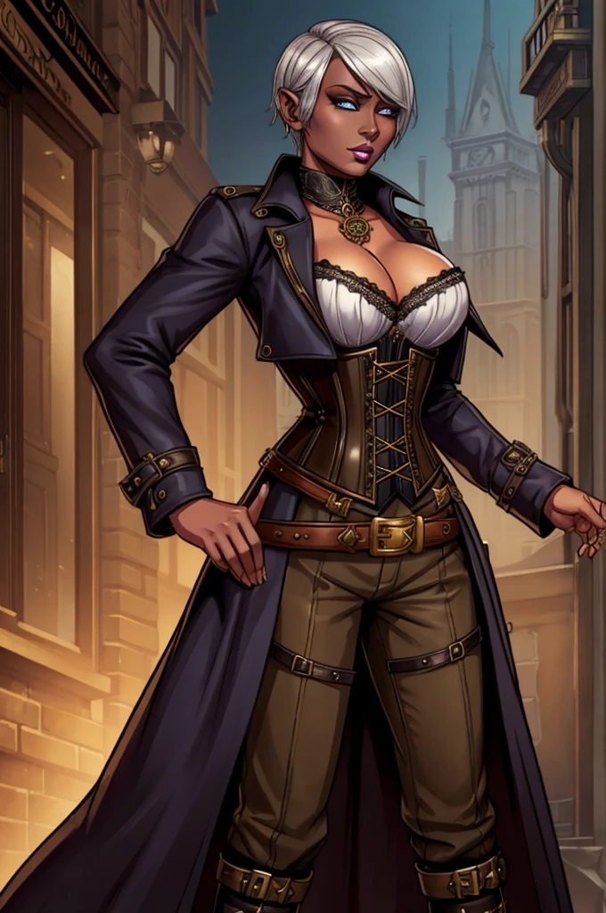 Butch Henchwoman, drow,brass,coat,steampunk,corset,straps