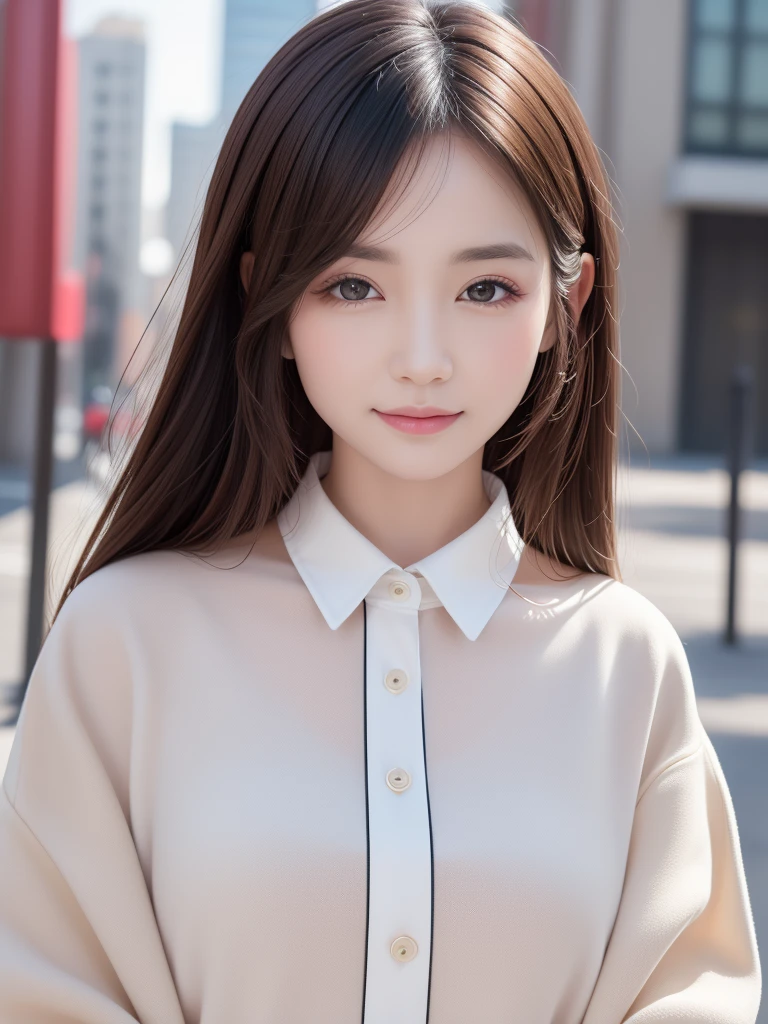 Highest quality, White skin, Real human skin, (Detailed fac), Oval Face, pores, Ultra-high resolution, (8k, RAW Photos, Realistic:1.4), One girl, slim, (She gazes upon the viewer with a calm, goddess-like happiness.:1.2), ( Lip gloss, eyelash, Shiny surface, Highest quality, Ultra-high resolution, Wide lighting, Natural Shading), Oversized jackets, Fashion Shirts,  Cityscape,