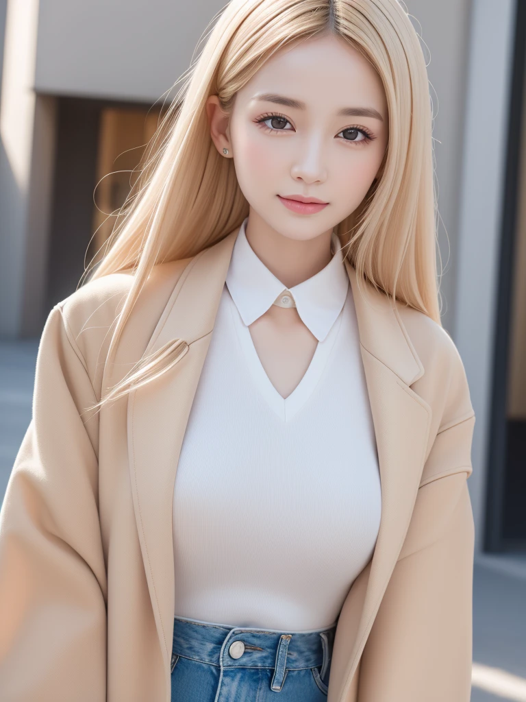 Highest quality, White skin, Real human skin, (Detailed fac), Oval Face, pores, Ultra-high resolution, (8k, RAW Photos, Realistic:1.4), One girl, slim, (She gazes upon the viewer with a calm, goddess-like happiness.:1.2), ( Lip gloss, eyelash, Shiny surface, Highest quality, Ultra-high resolution, Wide lighting, Natural Shading), Oversized jackets, Fashion Shirts,  Cityscape,