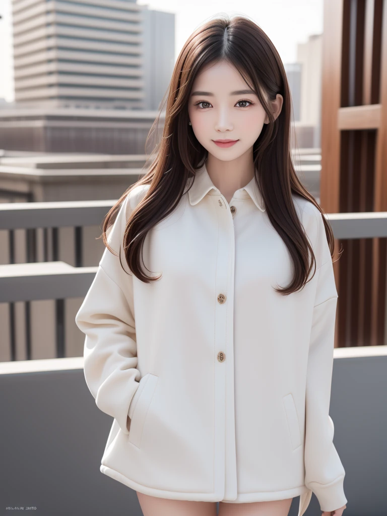 Highest quality, White skin, Real human skin, (Detailed fac), Oval Face, pores, Ultra-high resolution, (8k, RAW Photos, Realistic:1.4), One girl, slim, (She gazes upon the viewer with a calm, goddess-like happiness.:1.2), ( Lip gloss, eyelash, Shiny surface, Highest quality, Ultra-high resolution, Wide lighting, Natural Shading), Oversized jackets, Fashion Shirts,  Cityscape,