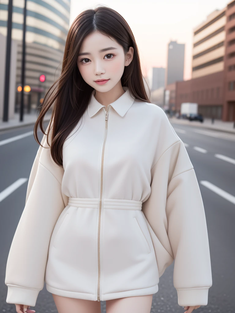 Highest quality, White skin, Real human skin, (Detailed fac), Oval Face, pores, Ultra-high resolution, (8k, RAW Photos, Realistic:1.4), One girl, slim, (She gazes upon the viewer with a calm, goddess-like happiness.:1.2), ( Lip gloss, eyelash, Shiny surface, Highest quality, Ultra-high resolution, Wide lighting, Natural Shading), Oversized jackets, Fashion Shirts,  Cityscape,