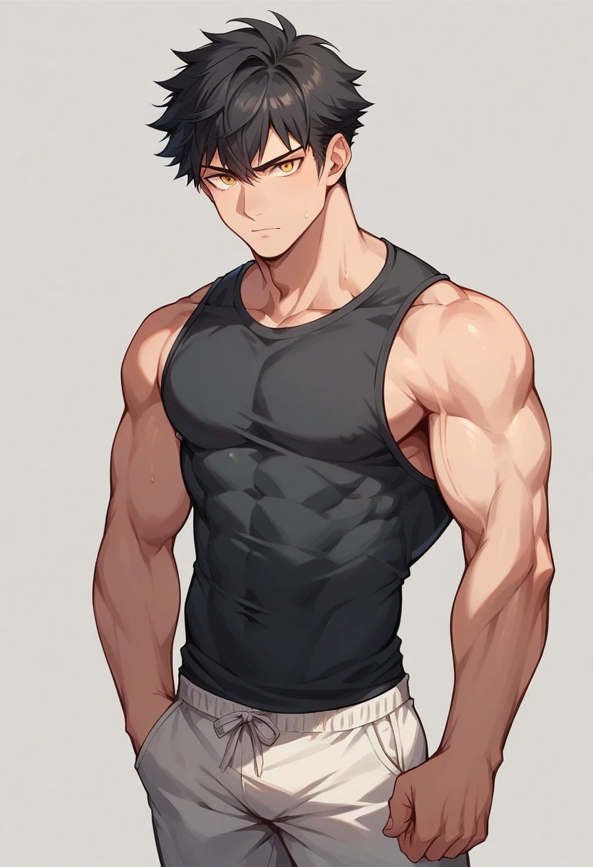20 years young muscular boy, light red and golden eyes, black hair with normal outfit standing in side pose