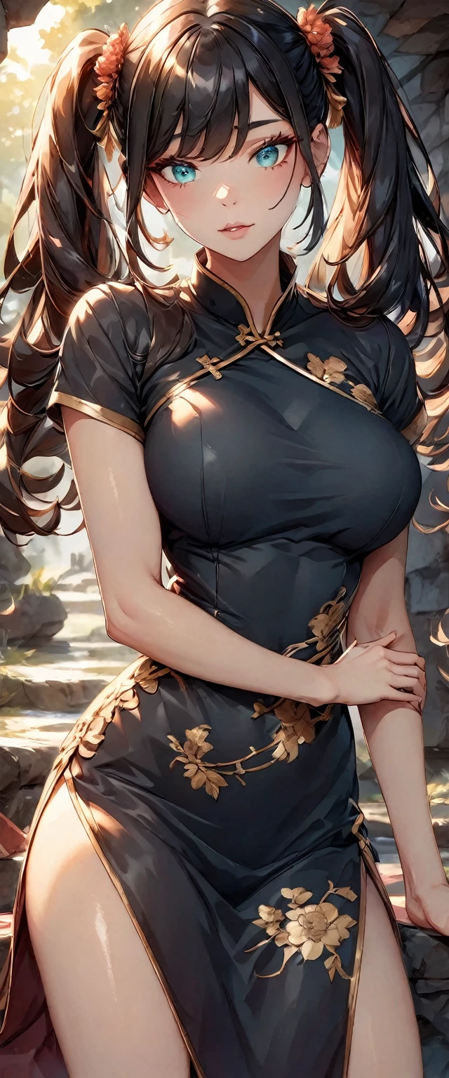 Photo of a woman with natural skin, Upper Body, Seaside cave, The light is shining in, High Twintails, Black hair with red mesh, Sharp eyes with red eyeshadow, Blue-green eyes, Shining eyes, A thin, upturned nose, Well-shaped lips, , ((China dress, Short sleeve)), barefoot, Makeup, Exquisitely crafted with the utmost attention to detail, Vibrant, amazing, Smooth, Cinematic, 4K, Backlight, (()), Shallow depth of field, ((Detailed eyes:1.3, Detailed lips:1.3, high quality, )), masterpiece, Super detailed images, High quality