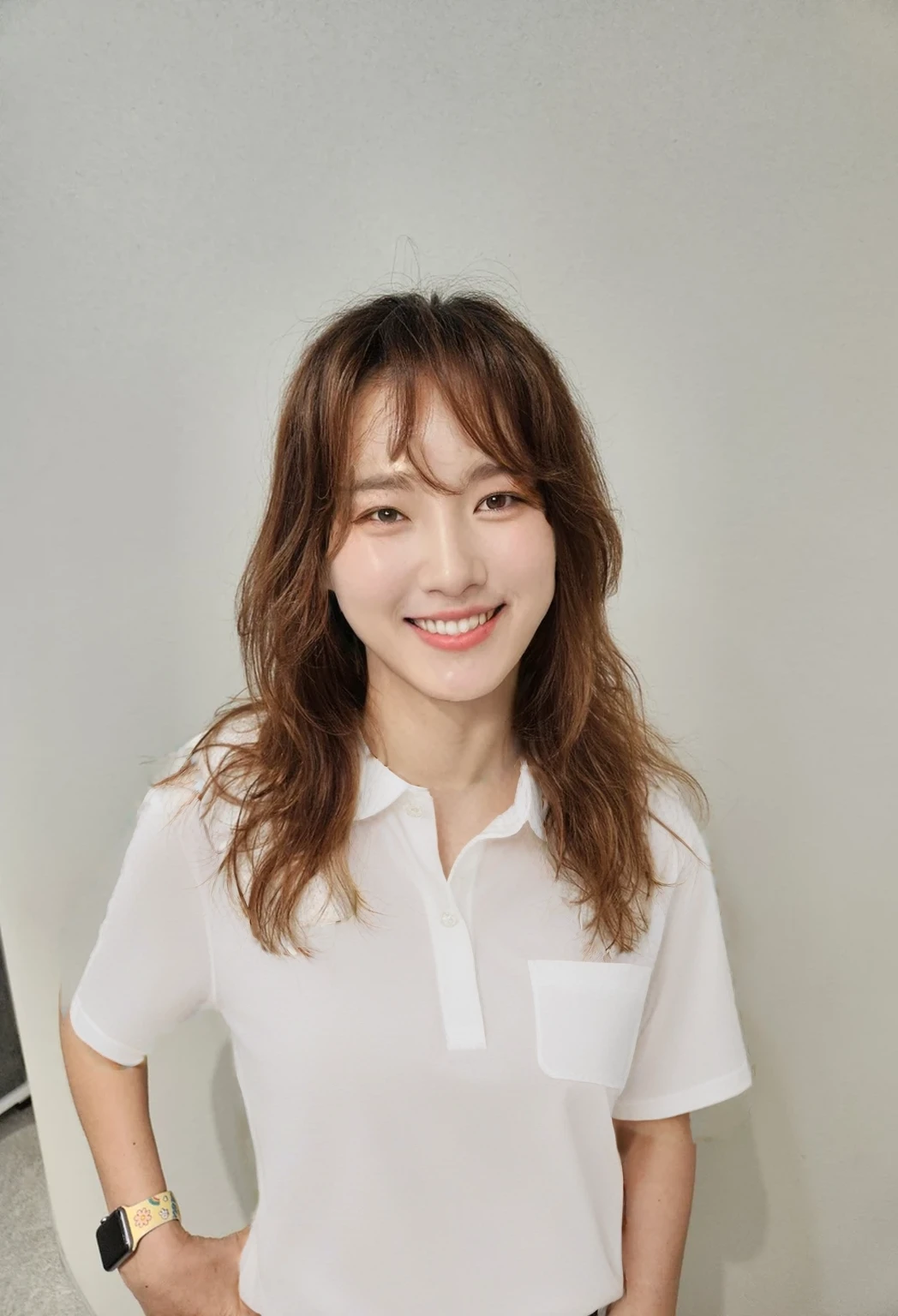 Best Quality, 8k, Masterpiece, (Portrait: 1.3), (photo realistic:1.4), (hyper realistic:1.4), Sharp Focus, looking at viewer, (smoother lighting:1.1), (increase cinematic lighting quality:0.9), realistic lighting, backlighting, light on face, ray trace, (brightening light:1.2), (Increase quality:1.4), sharp detail, (best quality real texture skin:1.4), finely detailed eyes, black_eyes, finely detailed face, 25 year old Korean woman, (white formal_shirt:1.4), (Create an image maintaining the original base model hairstyle:1.5)