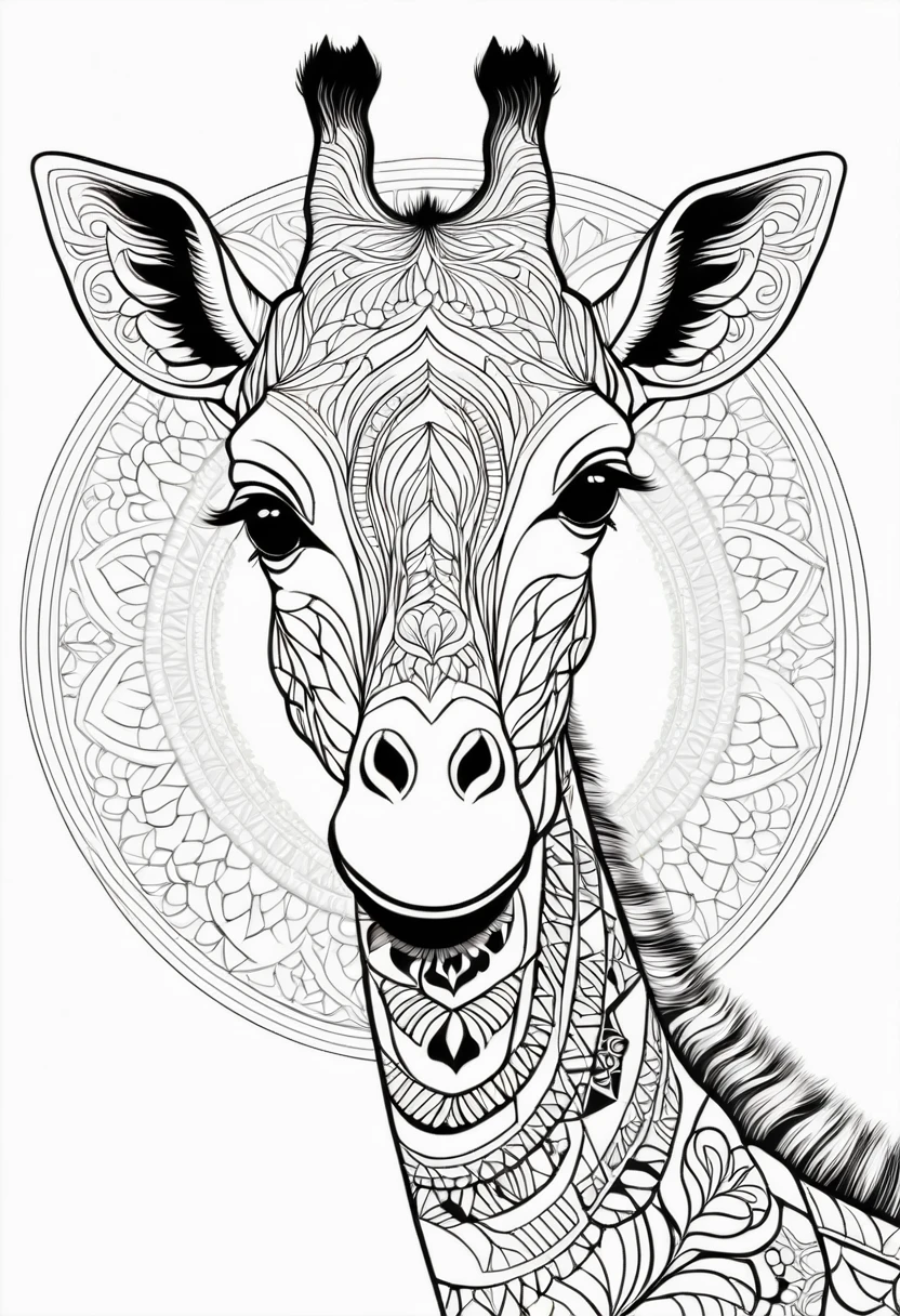 A striking black and white line art coloring page designed for adults with white background, featuring a majestic Giraffe in a mandala-inspired style. The Giraffe is adorned with intricate patterns that include floral and geometric designs, making it an engaging and detailed work of art. The illustration focuses on crisp, clean lines and bold outlines, without any shading or color, allowing the user to bring their own vibrancy to the piece. The minimalistic design, with its thick lines and absence of background details, creates a soothing coloring experience for adults seeking calming and creative activities. illustration