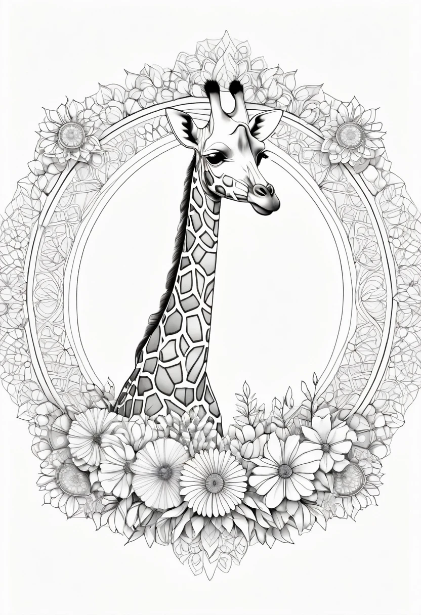 A striking black and white line art coloring page designed for adults with white background, featuring a majestic Giraffe in a mandala-inspired style. The Giraffe is adorned with intricate patterns that include floral and geometric designs, making it an engaging and detailed work of art. The illustration focuses on crisp, clean lines and bold outlines, without any shading or color, allowing the user to bring their own vibrancy to the piece. The minimalistic design, with its thick lines and absence of background details, creates a soothing coloring experience for adults seeking calming and creative activities. illustration