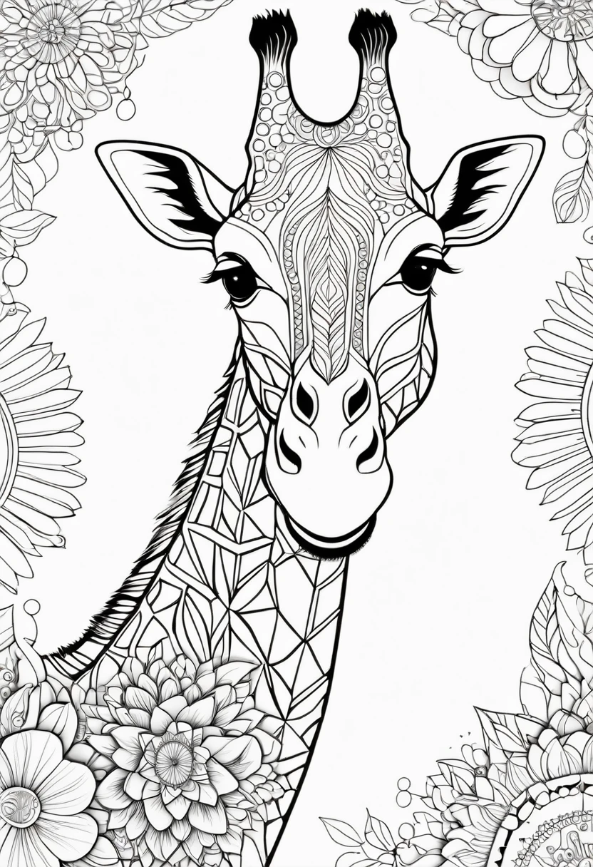 A striking black and white line art coloring page designed for adults with white background, featuring a majestic Giraffe in a mandala-inspired style. The Giraffe is adorned with intricate patterns that include floral and geometric designs, making it an engaging and detailed work of art. The illustration focuses on crisp, clean lines and bold outlines, without any shading or color, allowing the user to bring their own vibrancy to the piece. The minimalistic design, with its thick lines and absence of background details, creates a soothing coloring experience for adults seeking calming and creative activities. illustration