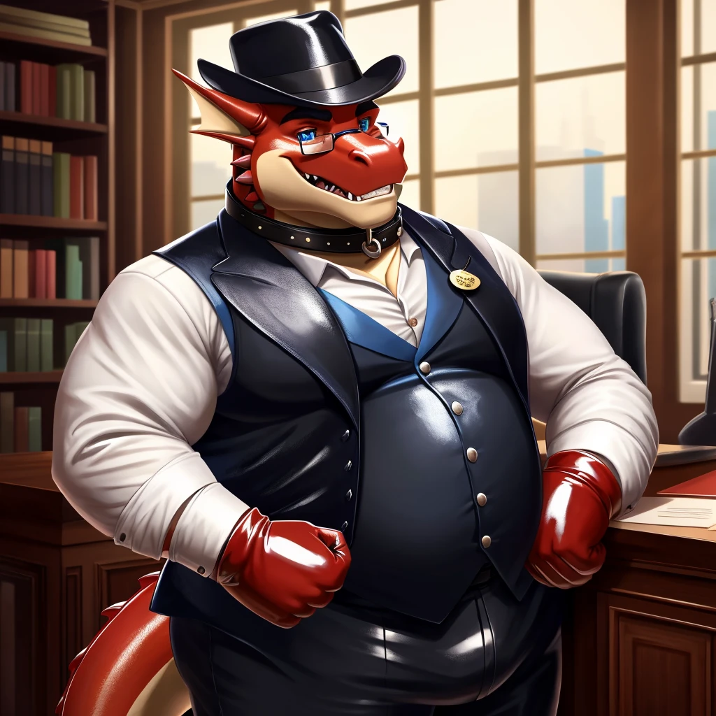 Solo, Male, fat, extremely obese, gentleman, dapper Professor Dragon, mob boss, blue eyes, (posing:1.3), (soft shading), 4k, hi res, ((detailed face, detailed)), looking at viewer, mouth wide open, dapper clothing, collared shirt with buttons, bowler hat, male focus, Explorer Outfit, glasses, monocle, vest with buttons, sleeves rolled up, round eyewear, brown headwear, brown vest, office, Dragon is wearing a glossy leather dog collar around the neck, Dragon is wearing the leather collar and shirt and vest at the same time, Dragon is wearing glossy white rubber gloves on the hands, wearing white rubber gloves on the feet, gloves are rubber in texture, clenching teeth, clenching fists, leather collar is glossy and shiny with a lot of detail, Dragon is wearing gloves and leather collar at the same time, leather collar has a round dog-tag, leather collar is thick and detailed, leather collar is glossy and shiny, fancy clothing, dapper vest, dapper shirt, leather collar is thick, glossy leather collar.