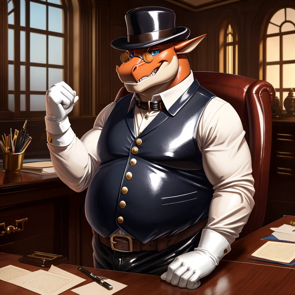 Solo, Male, fat, extremely obese, gentleman, dapper Professor Dragon, mob boss, blue eyes, (posing:1.3), (soft shading), 4k, hi res, ((detailed face, detailed)), looking at viewer, mouth wide open, dapper clothing, collared shirt with buttons, bowler hat, male focus, Explorer Outfit, glasses, monocle, vest with buttons, sleeves rolled up, round eyewear, brown headwear, brown vest, office, Dragon is wearing a glossy leather dog collar around the neck, Dragon is wearing the leather collar and shirt and vest at the same time, Dragon is wearing glossy white rubber gloves on the hands, wearing white rubber gloves on the feet, gloves are rubber in texture, clenching teeth, clenching fists, leather collar is glossy and shiny with a lot of detail, Dragon is wearing gloves and leather collar at the same time, leather collar has a round dog-tag, leather collar is thick and detailed, leather collar is glossy and shiny, fancy clothing, dapper vest, dapper shirt, leather collar is thick, glossy leather collar.