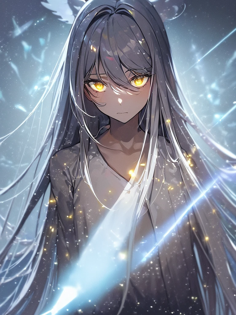 (masterpiece, Highest quality:1.3), (Very detailed:1.3), One girl, alone, (Gray Hair, Messy Hair, Long Hair), (Angel Wings, Angel Halo), Flat Chest, Yellow Eyes, (White shirt, Black tie, Black coat, Open Court), Cowboy Shot, Cinema Lighting, (((Glowing light particles))), (Put your arms behind your back), Dynamic Angle,