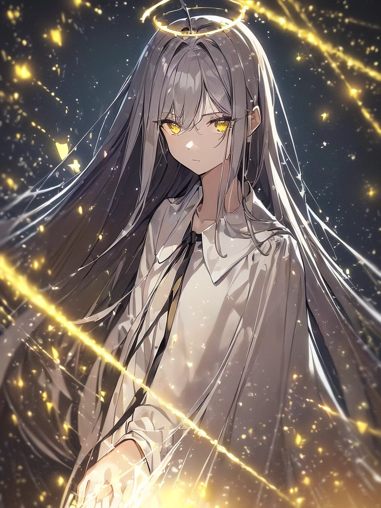 (masterpiece, Highest quality:1.3), (Very detailed:1.3), One girl, alone, (Gray Hair, Messy Hair, Long Hair), (Angel Wings, Angel Halo), Flat Chest, Yellow Eyes, (White shirt, Black tie, Black coat, Open Court), Cowboy Shot, Cinema Lighting, (((Glowing light particles))), (Put your arms behind your back), Dynamic Angle,