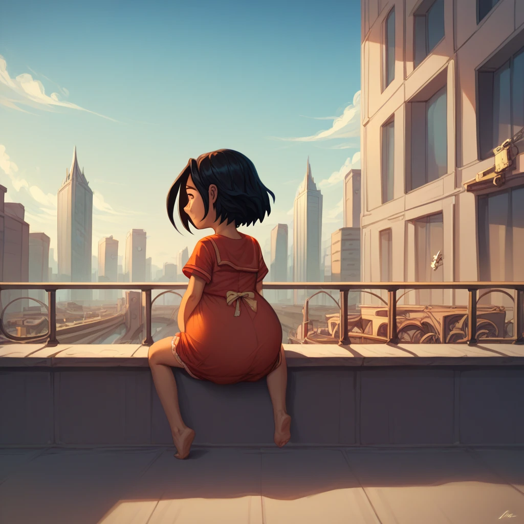 score_9, score_8_up, score_7_up, semirealistic girl sitting on bridge, , jadechan, short black hair, solo, brown eyes, wind, 1girl, lingerie, city in the background, clear sky, hyper-pregnant, short stature, elementary school student 