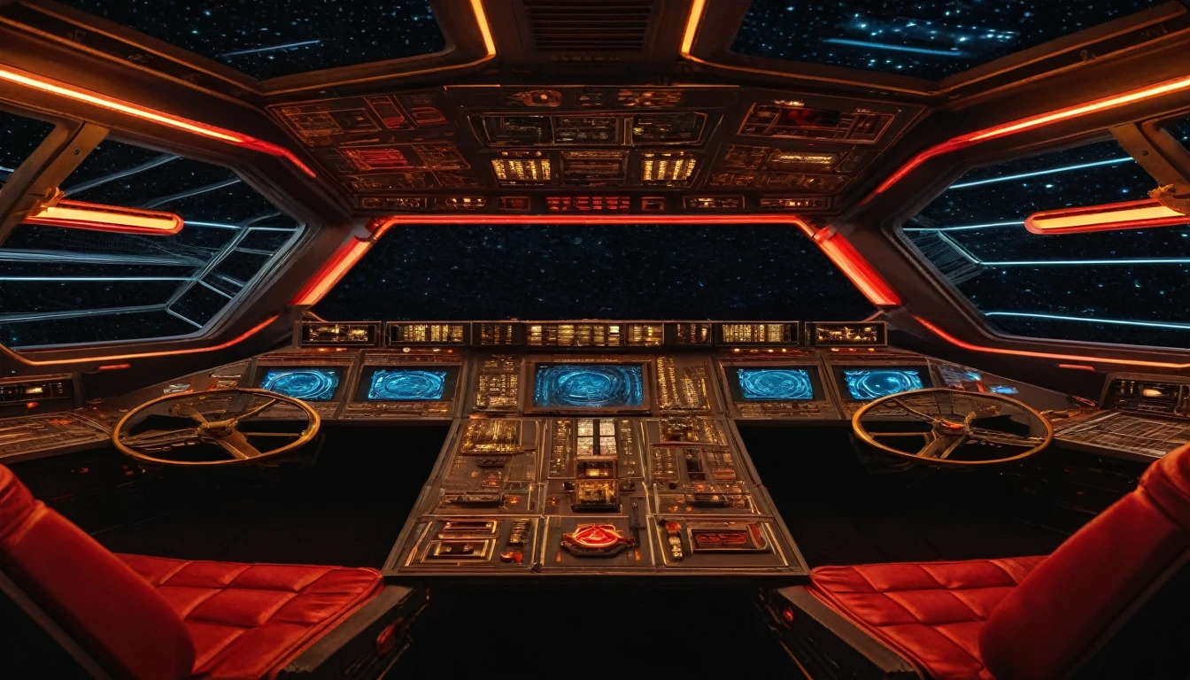 (masterpiece),(highest quality), highres, (extremely detailed), (best lighting) View from drivers seat, Spaceship cockpit, spaceship controls, Gold Soviet Red Star, Goldleaf Soviet memorabilia, communist aesthetic, black outer space background though the window, black starry background, Symmetrical environment, spaceship bridge, realistic, crisp image quality, neon lights, sovietpunkai