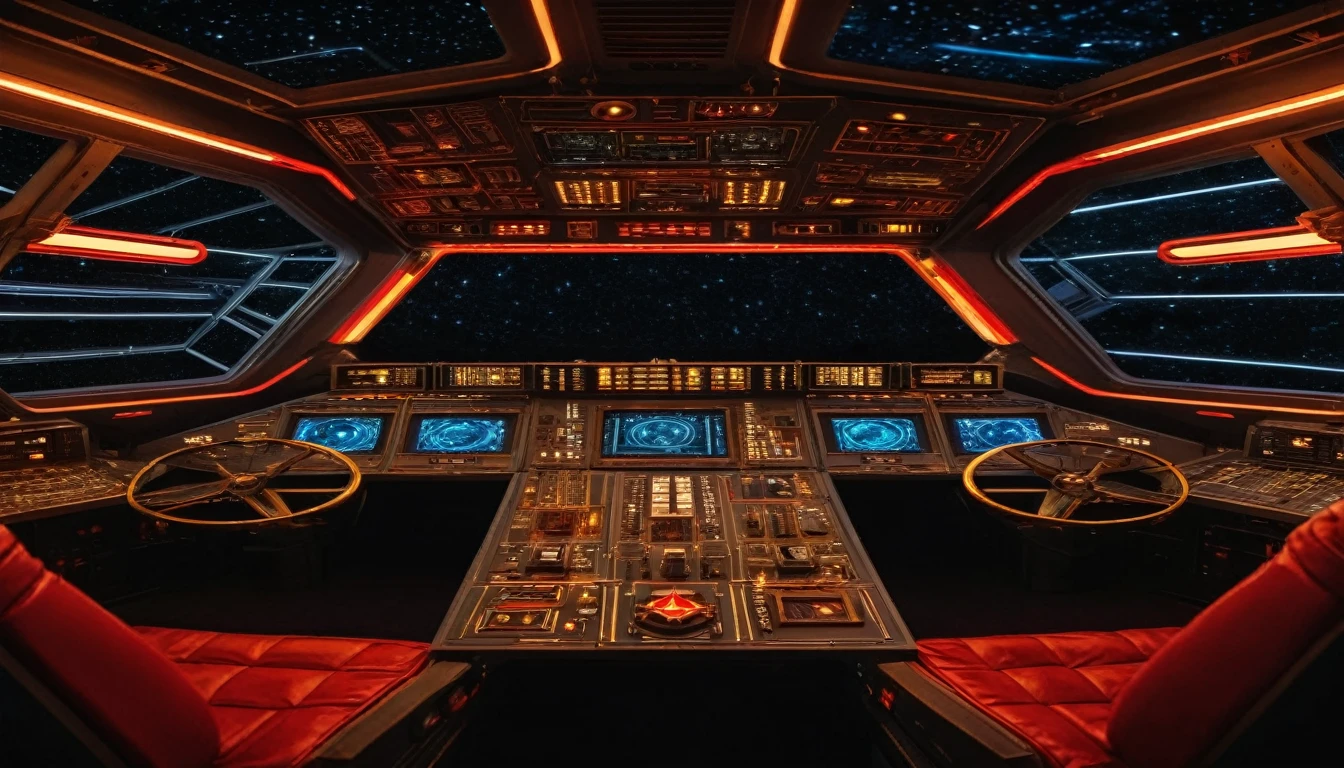 (masterpiece),(highest quality), highres, (extremely detailed), (best lighting) View from drivers seat, Spaceship cockpit, spaceship controls, Gold Soviet Red Star, Goldleaf Soviet memorabilia, communist aesthetic, black outer space background though the window, black starry background, Symmetrical environment, spaceship bridge, realistic, crisp image quality, neon lights, sovietpunkai