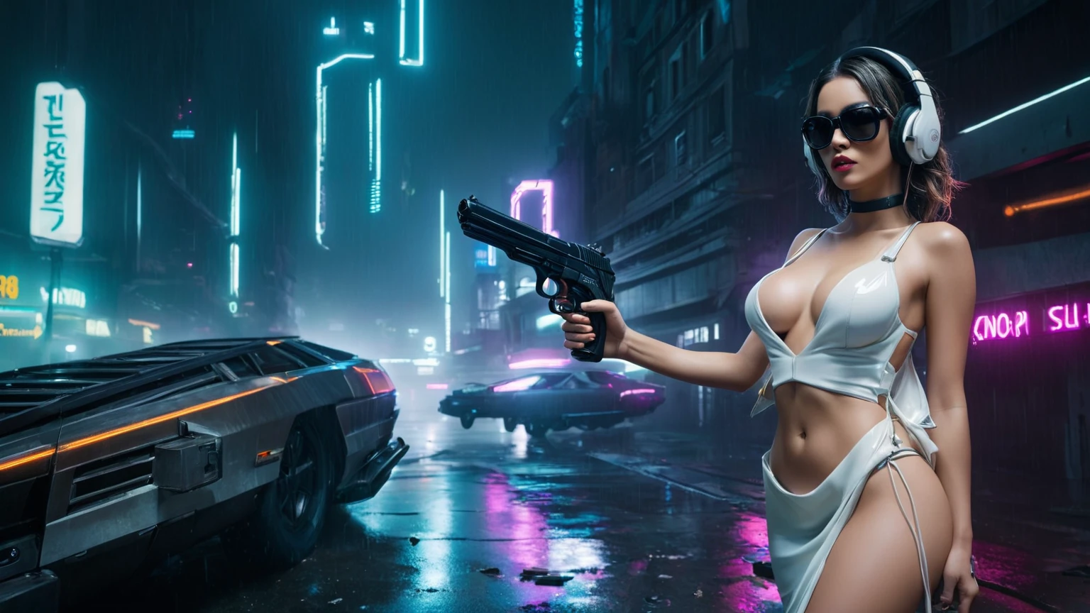 (aerial view, a flying cars docking platform, a very dark abandoned futuristic city, neon lights), rainy night. (((1girl, solo, alone))), large-breast:1.2 slim body, cleavage:1.1, sexy wind blowing wet dress:1.4, (((headphone, black sunglasses, standing and holding (pistol:1.8), dynamic rushing pose))), (((((half-body thigh level medium shot))))), cinematic lighting, lens flare, ray tracing.