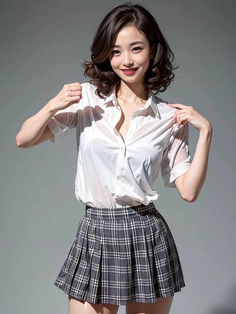 Gray background、pubic hair、Thighs、Red lipstick、Curly Hair、Disheveled Hair、Cute woman、high school girl、White shirt、smile、Open chest shirt、A wet shirt with underwear showing through、Wet Hair、Checkered mini skirt、