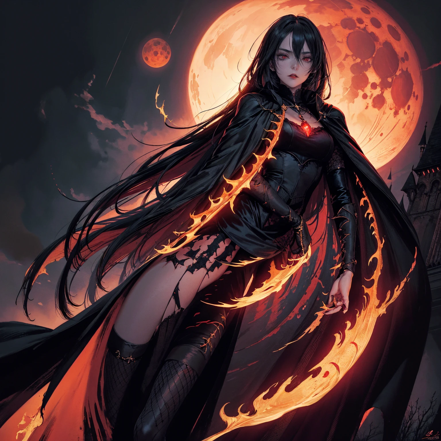 best quality, 4k, high resolution, masterpiece:1.2, Very detailed, actual:1.37, Mood lighting, Girl in a long cape, Vampire Girl, Lich Girl, Archmage Girl, Wearing a reflective latex skirt that shows a little skin above the chest, Dangerous sneer, Black Hair, Standing, Facing the camera, Crucified, Pitch black sky, Blood-red moon, strange atmosphere, Gothic style, Unforgettable beauty, Dramatic shadows, Ethereal Light, Mysterious atmosphere.
