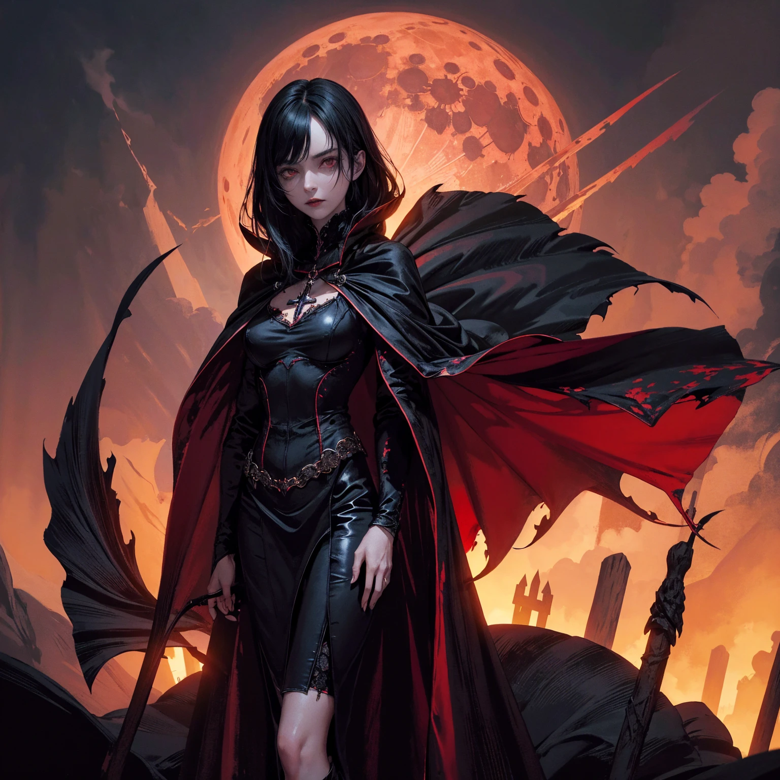 best quality, 4k, high resolution, masterpiece:1.2, Very detailed, actual:1.37, Mood lighting, Girl in a long cape, Vampire Girl, Lich Girl, Archmage Girl, Wearing a reflective latex skirt that shows a little skin above the chest, Dangerous sneer, Black Hair, Standing, Facing the camera, Crucified, Pitch black sky, Blood-red moon, strange atmosphere, Gothic style, Unforgettable beauty, Dramatic shadows, Ethereal Light, Mysterious atmosphere.