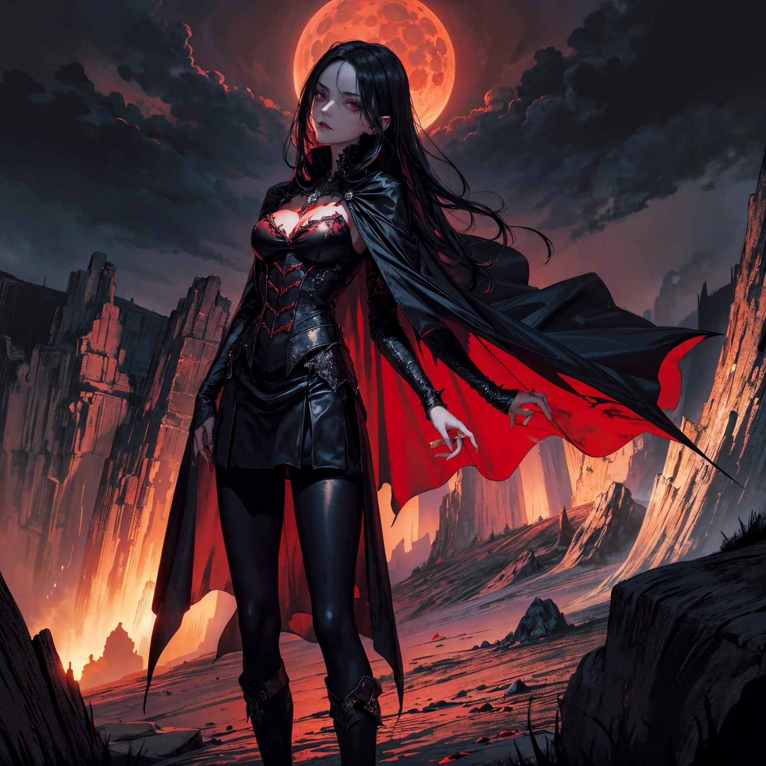 best quality, 4k, high resolution, masterpiece:1.2, Very detailed, actual:1.37, Mood lighting, Girl in a long cape, Vampire Girl, Lich Girl, Archmage Girl, Wearing a reflective latex skirt that shows a little skin above the chest, Dangerous sneer, Black Hair, Standing, Facing the camera, Crucified, Pitch black sky, Blood-red moon, strange atmosphere, Gothic style, Unforgettable beauty, Dramatic shadows, Ethereal Light, Mysterious atmosphere.