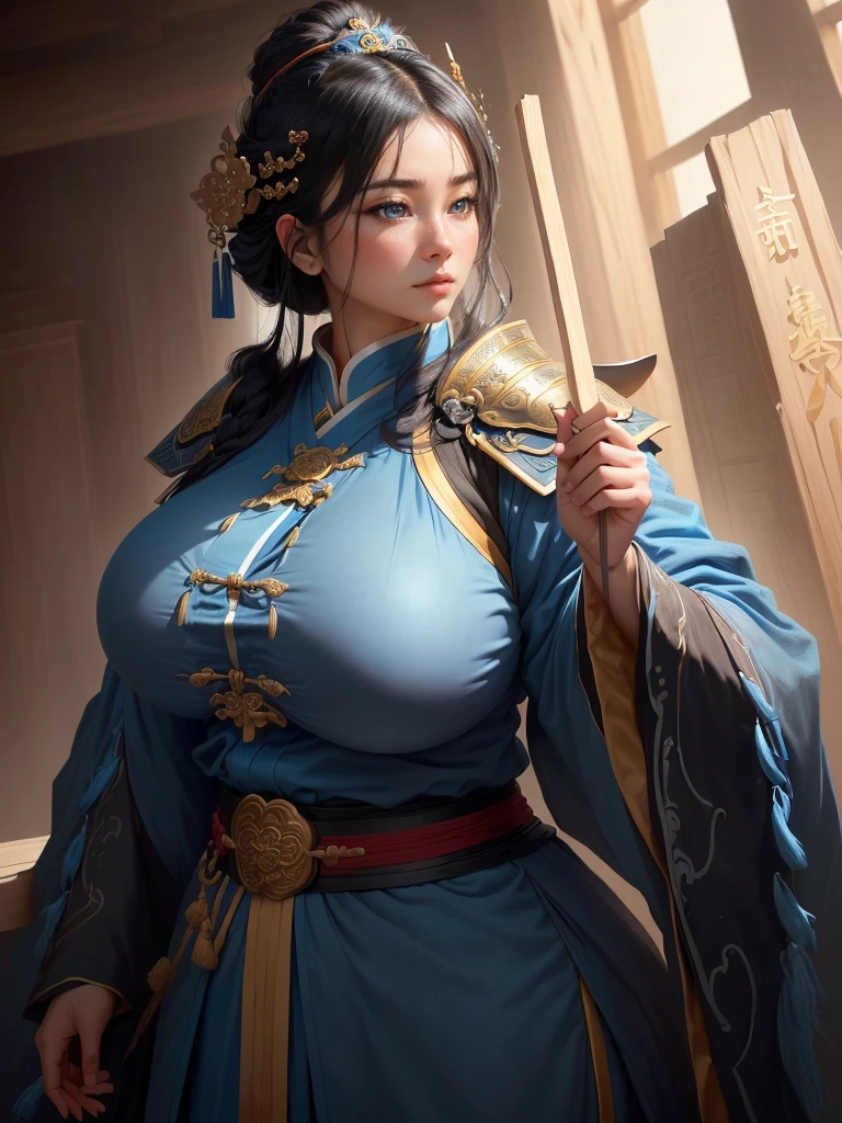 a man in a light blue robe holding a thin wood stick, inspired by Cao Zhibai, inspired by Dong Yuan, inspired by Huang Ding, inspired by Hu Zaobin, inspired by Wu Bin, inspired by Xuande Emperor, liang xing, pan ren wei, inspired by Li Kan, inspired by Guan Daosheng, inspired by Wu Zuoren, Highly detailed CG unit 8k wallpaper, masterpiece, High resolution, highest quality, highest quality real texture skin, Super Real, Digital Painting, Best image quality, 最High resolution, 8k, (((Highly detailed eyes and face, Beautiful eyes every detail))), (Saggy breasts, Gravity-dependent breasts, long chest, Heavy chest, (disproportionate breasts, huge breasts, sagging breasts, gigantic breasts), black hair, profile,