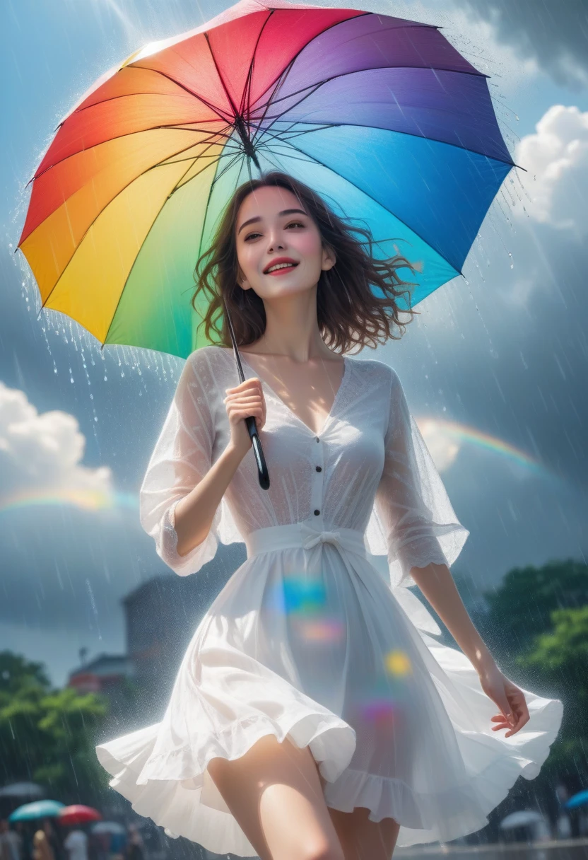 score_9, score_8_superior, score_7_superior, score_6_superior, score_5_superior, score_4_superior, 2.5D, Very detailed, delicate, Flashy and dynamic depiction, Beautiful woman having fun with umbrella, Like a scene from a movie, Rainbow-colored rain pours down, Splash, Sunlight filtering through the clouds, Twinkle effect