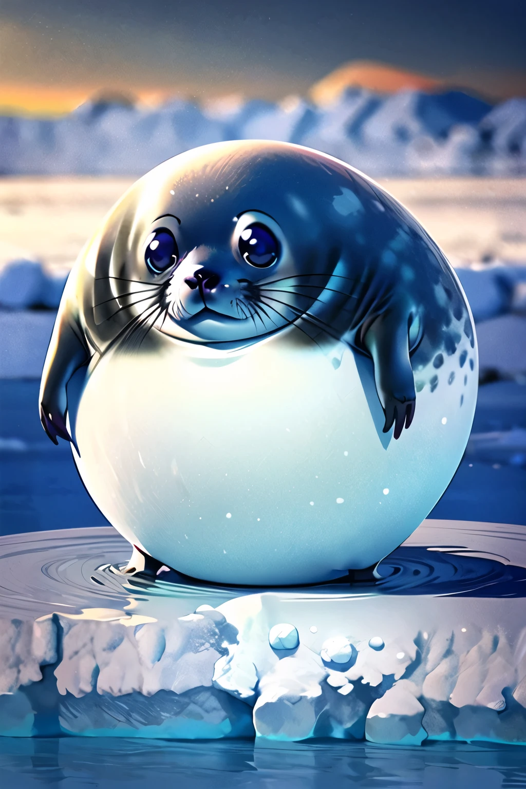 round animal,seal \(animal\),
fat,cute, ice, winter, 
best quality,depth of field,
