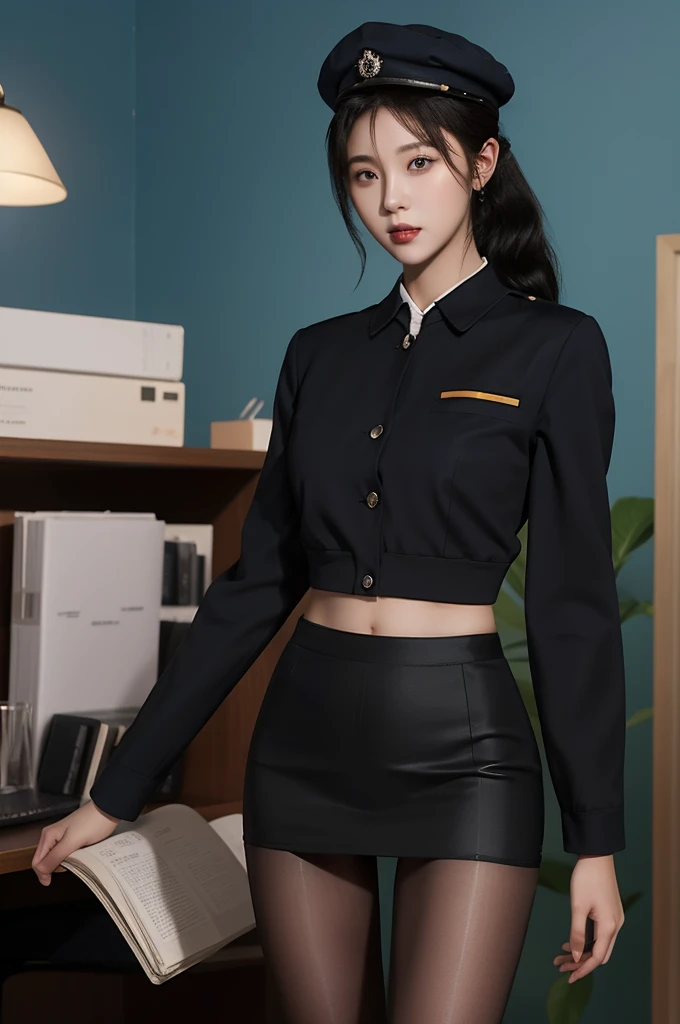 masterpiece, best quality, official art, Highly detailed CG integrated 8k wallpaper, ((Uniform)), cap, in the office, long hair, single ponytail, great deal, mature woman, black stockings, pantyhose,(pencil skirt), Erotic 404, ((long legs)),(巨great deal)