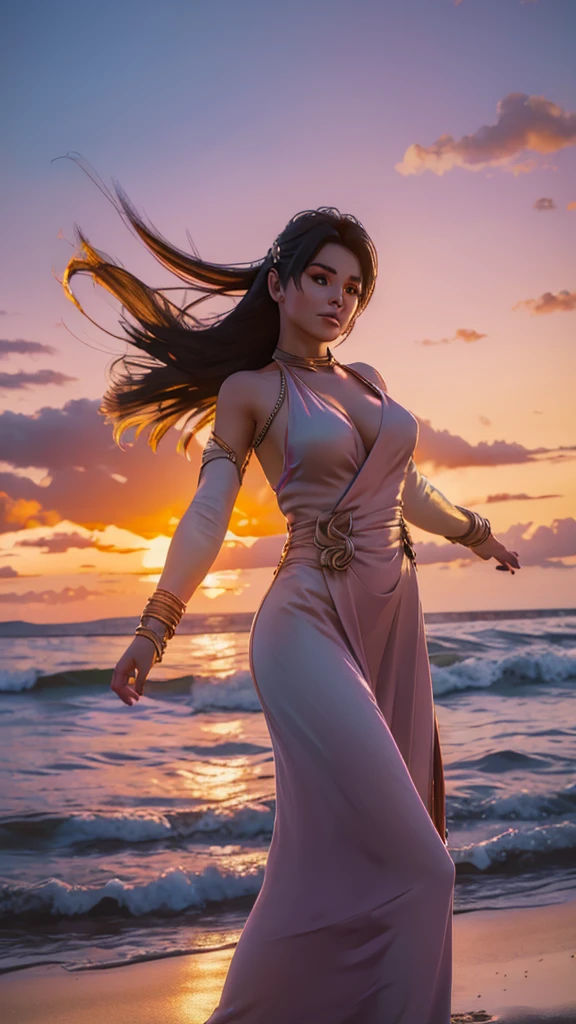 Design a beautiful, detailed digital artwork featuring a young woman with long, flowing hair, standing on a sandy beach during sunset. She is dressed in a light, flowing dress that moves with the wind. The scene captures the vibrant colors of the sunset, with the sky transitioning from warm oranges and pinks to deeper purples and blues. The waves of the ocean are gently rolling in the background. The woman's expression is peaceful as she gazes at the horizon, with the soft, golden light of the setting sun illuminating her face and hair