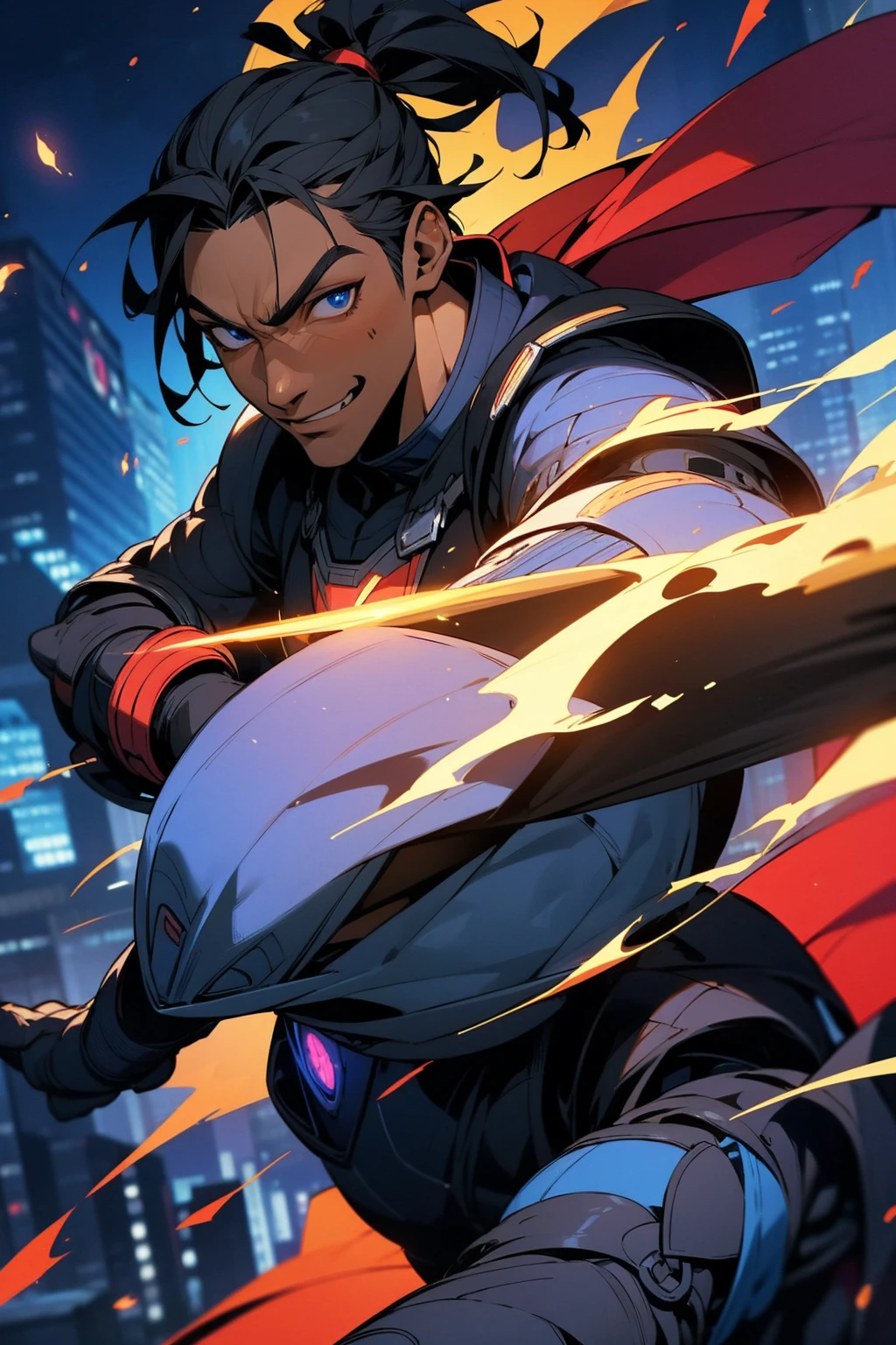 1male, dark skin, smiling, deadlock ponytail, black hair, blue eyes, blue and black super hero suit, flame design, man, superhero, city background, detailed background, detailed face, waving,