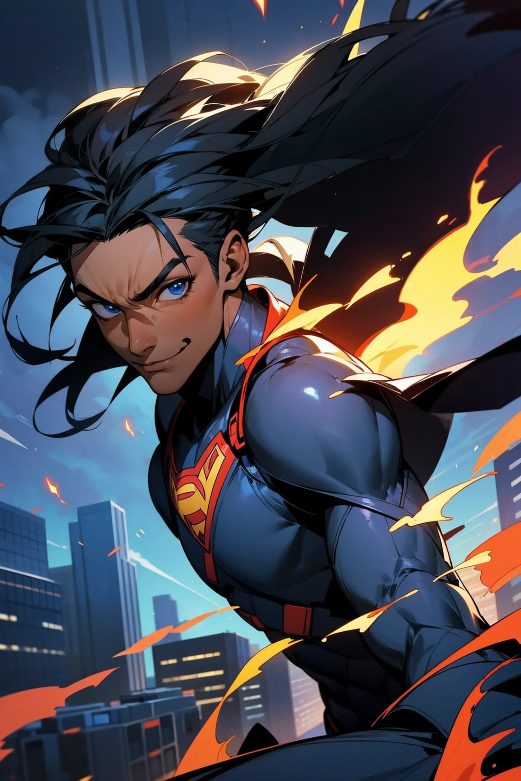 1male, dark skin, smiling, deadlock ponytail, black hair, blue eyes, blue and black super hero suit, flame design, man, superhero, city background, detailed background, detailed face, waving,