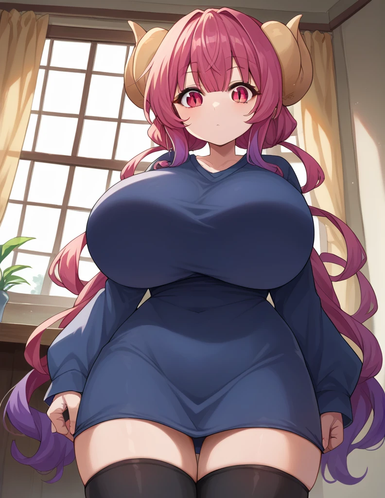 score_9, score_8_up, score_7_up, anime_source,
dragonilulu, ilulu, huge massive gigantic big big absurd breasts, curly horns, horns, long hair, multi-colored hair, purple hair, red eyes, red hair, slit pupils, thigh highs,
inside,
looking at the viewer, cowboy shot, dutch angle,