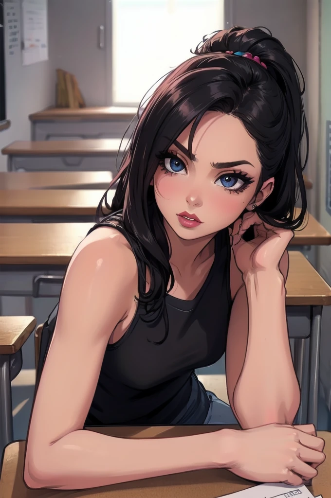 Close up shot, cute, sexy eyes, eyeliner, intense eye contact, small nose, dark lipstick, full lips, (group of sexy women:1.2), sitting on desks, classroom, 