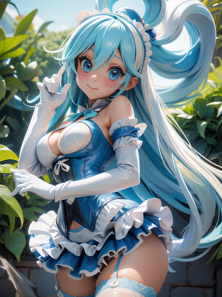 Aqua Konosuba, (maid costume, белые stockings, White gloves, blue corset, white panties, stockings), lace, Long legasterpiece，8 K，and the sun was shining brightly，sexy pose