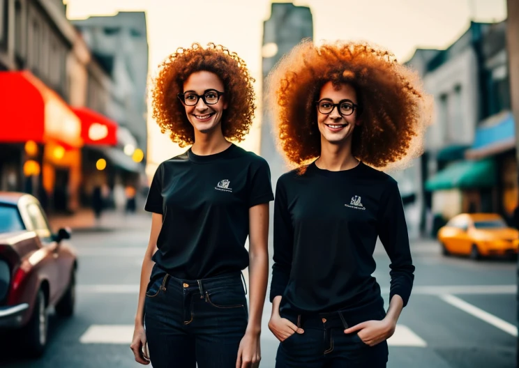 SeaArt Robot, Txt2Img, 11:21:31, masterpiece, best quality),1 16-year-old teenager, wavy red hair, round glasses, curly hair, smiling, black T-shirt, wide-mouthed jeans, hand on waist, headphones in ear, warm lighting, blurred foreground, posing for a self picture.  