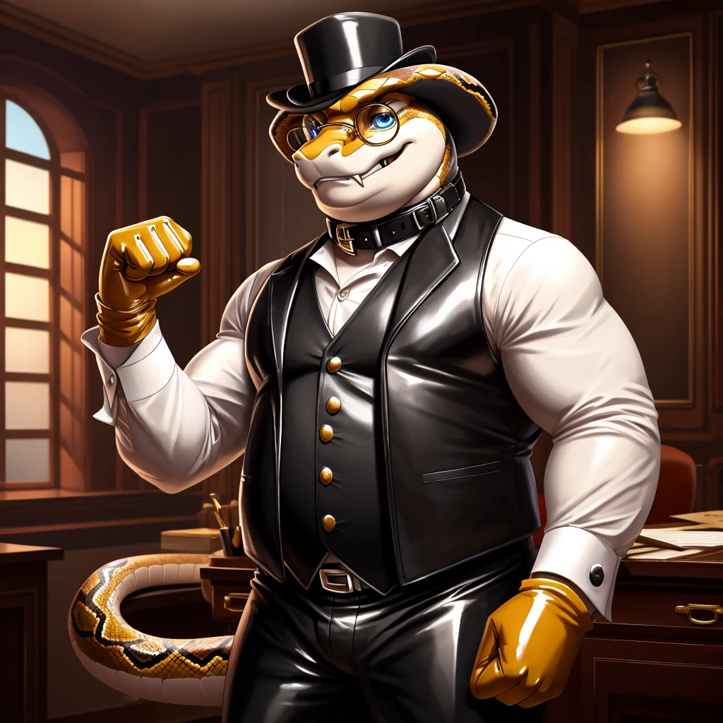 Solo, Male, fat, extremely obese, gentleman, dapper Professor Snake with fangs, mob boss, blue eyes, (posing:1.3), (soft shading), 4k, hi res, ((detailed face, detailed)), looking at viewer, mouth wide open, dapper clothing, collared shirt with buttons, bowler hat, male focus, Explorer Outfit, glasses, monocle, vest with buttons, sleeves rolled up, round eyewear, brown headwear, brown vest, office, Snake is wearing a glossy leather dog collar around the neck, Snake is wearing the leather collar and shirt and vest at the same time, Snake is wearing glossy white rubber gloves on the hands, wearing white rubber gloves on the feet, gloves are rubber in texture, clenching teeth, clenching fists, leather collar is glossy and shiny with a lot of detail, Snake is wearing gloves and leather collar at the same time, leather collar has a round dog-tag, leather collar is thick and detailed, leather collar is glossy and shiny, fancy clothing, dapper vest, dapper shirt, leather collar is thick, glossy leather collar.