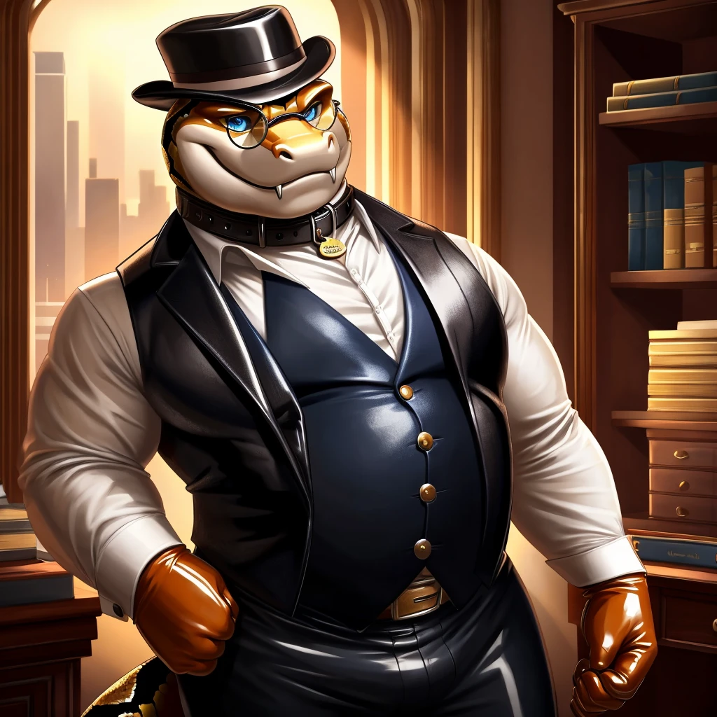 Solo, Male, fat, extremely obese, gentleman, dapper Professor Snake with fangs, mob boss, blue eyes, (posing:1.3), (soft shading), 4k, hi res, ((detailed face, detailed)), looking at viewer, mouth wide open, dapper clothing, collared shirt with buttons, bowler hat, male focus, Explorer Outfit, glasses, monocle, vest with buttons, sleeves rolled up, round eyewear, brown headwear, brown vest, office, Snake is wearing a glossy leather dog collar around the neck, Snake is wearing the leather collar and shirt and vest at the same time, Snake is wearing glossy white rubber gloves on the hands, wearing white rubber gloves on the feet, gloves are rubber in texture, clenching teeth, clenching fists, leather collar is glossy and shiny with a lot of detail, Snake is wearing gloves and leather collar at the same time, leather collar has a round dog-tag, leather collar is thick and detailed, leather collar is glossy and shiny, fancy clothing, dapper vest, dapper shirt, leather collar is thick, glossy leather collar.