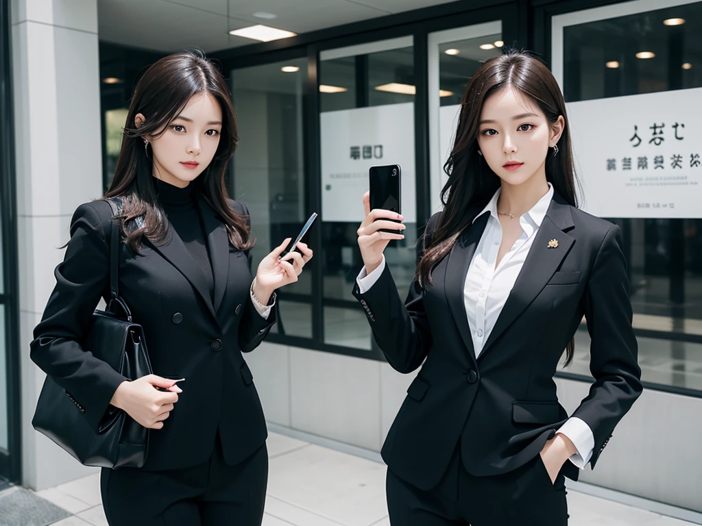 sharp looking business woman in a black suit holding an Iphone