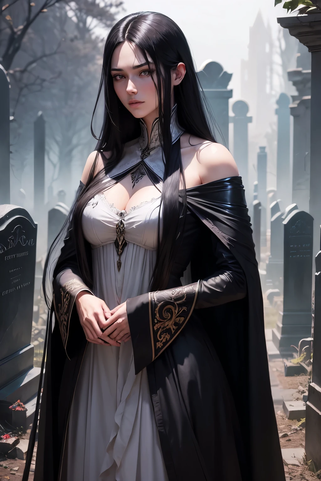 A tall and handsome archdemon, he is holding in a possessive embrace a beautiful young sorceress with fair skin and long black hair, they are surrounded by crumbling tombstones in a foggy cemetery, there is a mystical aura around them.