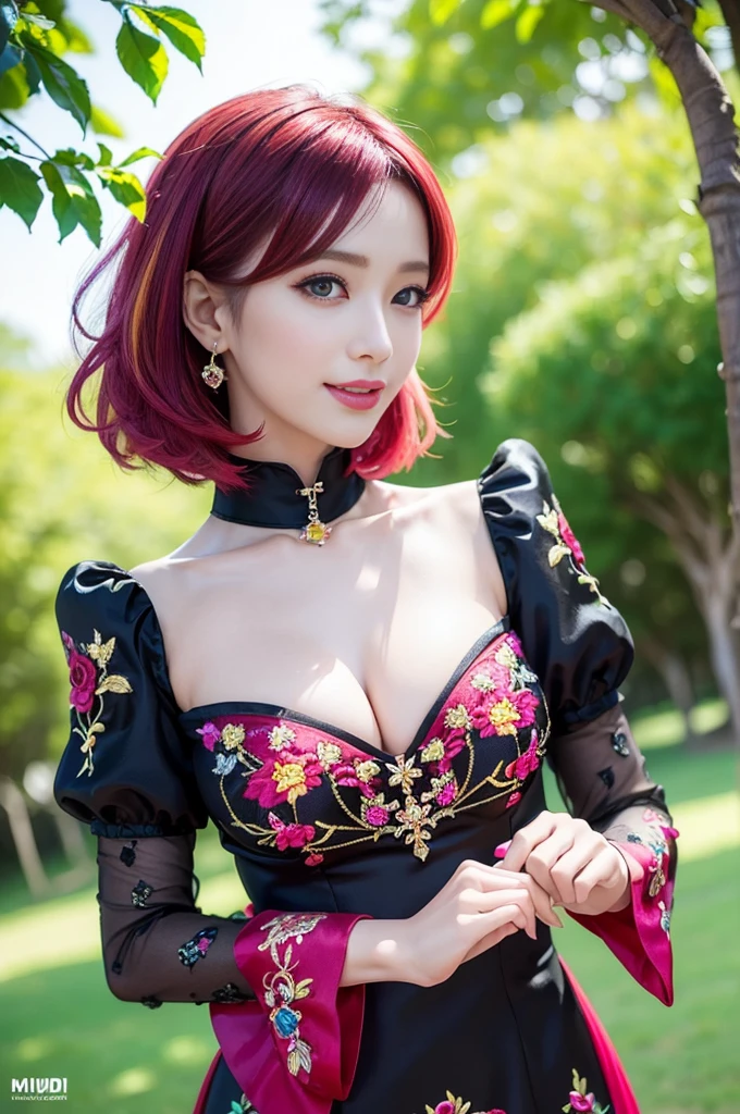 (masterpiece:1.4), (best quality:1.4), ultra high res, ultra high resolution, ((detailed facial features)), HDR, (realistic, photorealistic, photo-realistic:1.37), full body Esbian, sexy Thai model, (-anime), vivid colors, ((vivid colors multicolor (red, fuchsia) very short hair)), (happy smile), lip-gloss, long lashes, ultra detailed metallic makeup, defined eyebrows, wearing large sparkling colorful jewelery, (wearing a red silk Paradise Kiss cosplay dress with black floral embroidery), ((vivid colors outfit)), vivid colors, look at the camera, cinematic light, large park background with trees, sweet and sexy pose