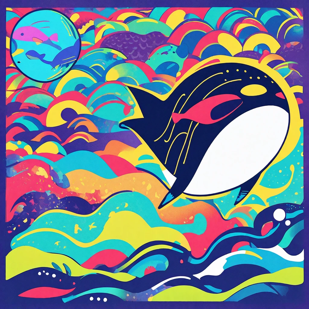 A flying whale、Create pop-art style images that float against vibrantly colored backgrounds。In the background、red, green, There is a yellow dot pattern、Whales have iridescent fins and large wings.。The whale's body is decorated with colorful geometric patterns.、It depicts the creature swimming freely through the air.。