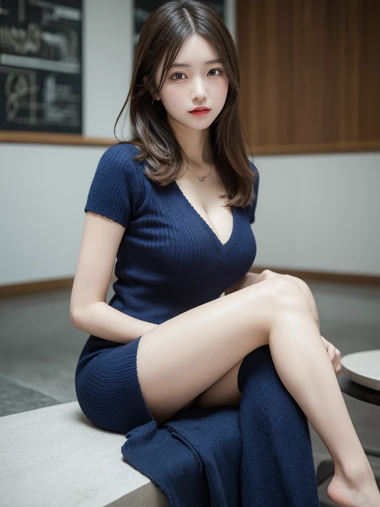 Tabletop, Highest quality, figure, Very detailed, In detail, High resolution, 8k wallpaper, Perfect dynamic composition, Beautiful attention to detail, Natural Lip, Dark blue knit dress , Same as, Cleavage, Crossing your legs