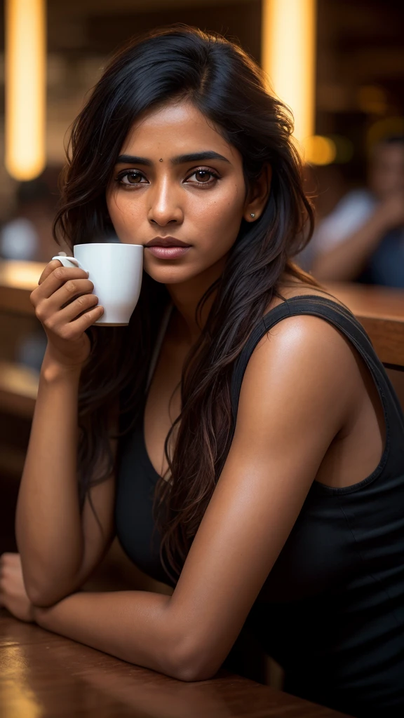 beautiful mature Indian college girl, inside a coffee shop, drinking coffee, ((slim, petite)), photorealistic, photo, masterpiece, realistic, realism, photorealism, high contrast, photorealistic digital art trending on Artstation 8k HD high definition detailed realistic, detailed, skin texture, hyper detailed, realistic skin texture, armature, best quality, ultra high res, (photorealistic:1.4),, high resolution, detailed, raw photo, sharp re, by lee jeffries nikon d850 film stock photograph 4 kodak portra 400 camera f1.6 lens rich colors hyper realistic lifelike texture dramatic lighting unrealengine trending on artstation cinestill 800,