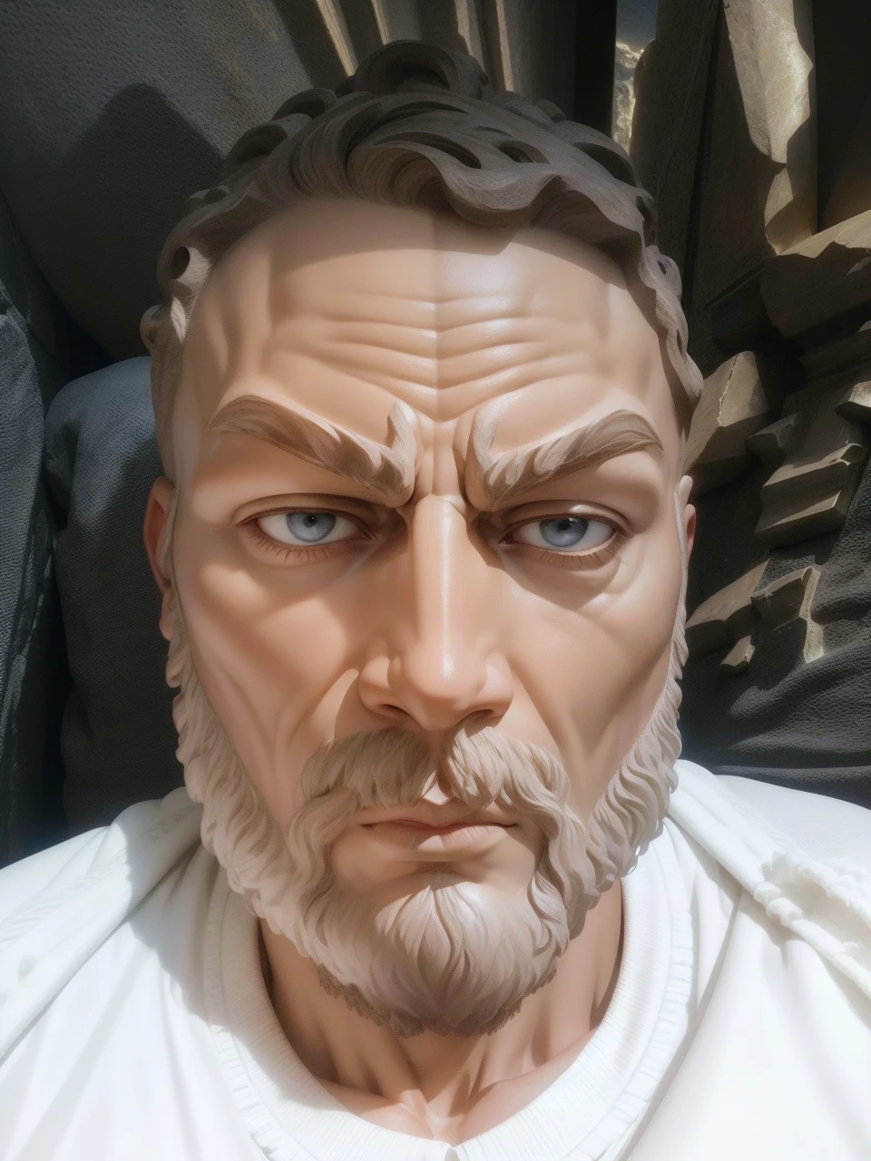 marble sculpture, stoicism, divine, rustic textures, high detailed, greek god, bald head, bearded, thoughtful, muscular, greek robes, greek architecture background, professional photography, close up, masterpiece, cinematic lights and shadows, increased contrast