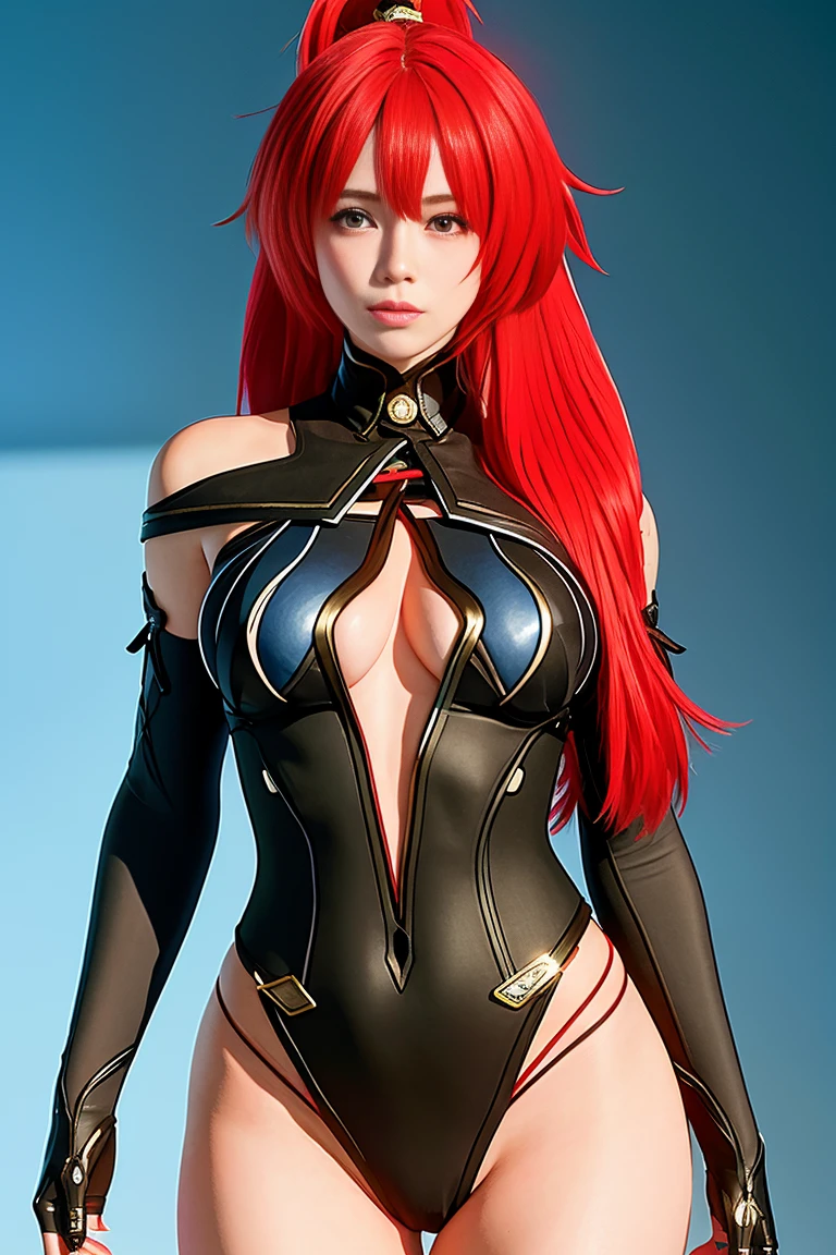 best quality, tmasterpiece,Ultra-high resolution,Clear face,(Reality:1.4),ferpect lighting,(upper body:1.3), (photorealistic:1.50), anime wallpaper, Guviz style artwork, cover-up fantasy up to magic , by Yang J, Guviz, beautiful artwork illustration, beautiful digital artwork, beautiful digital illustration, Li Song, beautiful anime portrait, art style in Beauvot, 1girl, 独奏, long hair, (red hair:1.5), hair decoration, bangs, (red eyes), double eyelids, blush, Red cheeks, (medium breasts:1.5), fuck breasts, indoor, room, (standing), (looking at the viewer), smiling, very long hair, black hair tie, collar untied, sleeves untied, wide sleeves, black leotard, hip strap, black thighs, (black bodysuit), YInlin
black dress, hair tie, split elbow gloves, hair stick decoration, earrings,