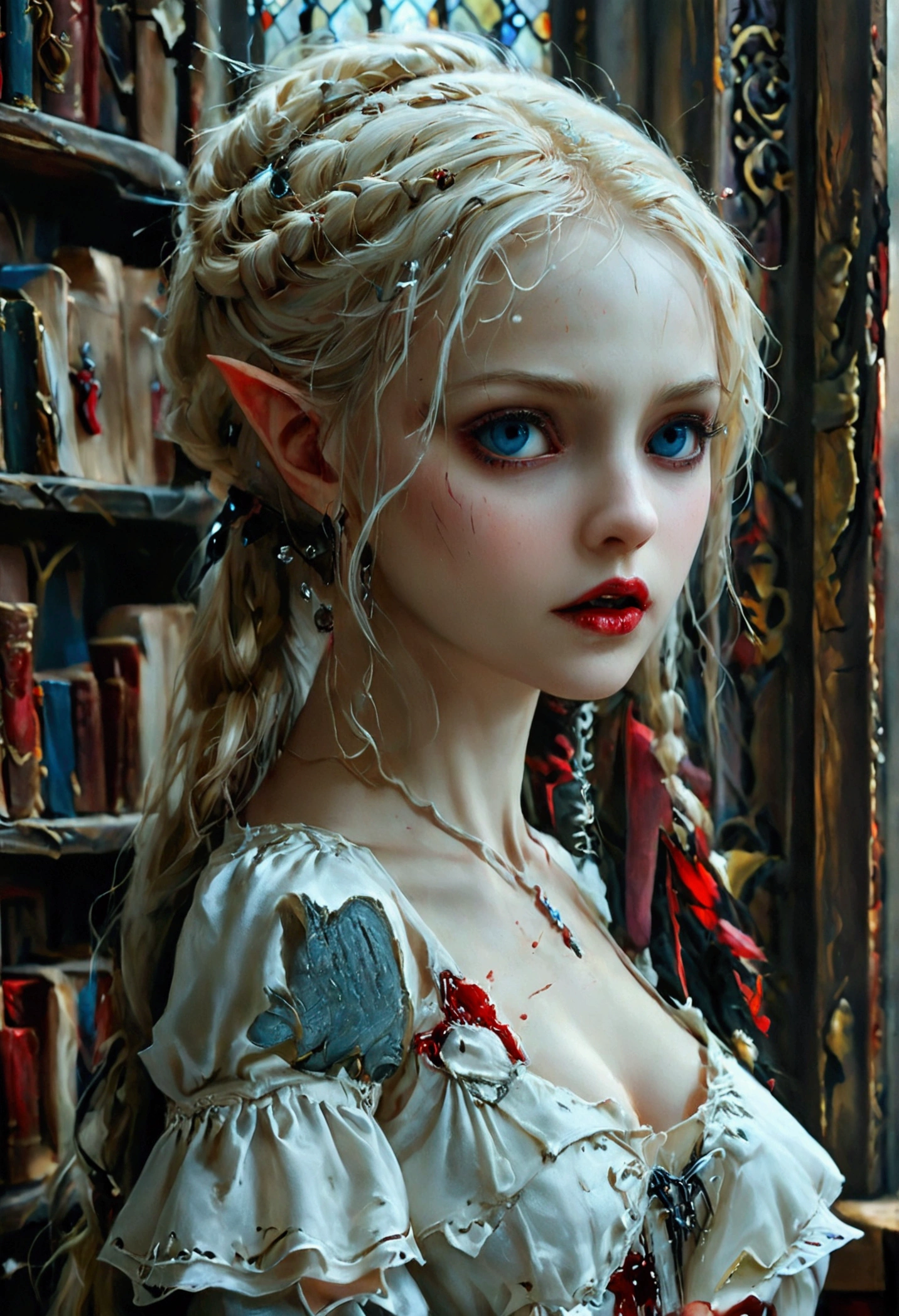 arafed a picture of elf vampire in her castle. an exquisite beautiful female elf vampire (ultra details, Masterpiece, best quality), bloody mouth blond hair, pale skin, hair in a ponytail, long hair, blue eyes, small pointed ears, cold eyes, smirking, wearing white dress (ultra details, Masterpiece, best quality), red cloak, in dark fantasy library, book shelves, arafed high details, best quality, 16k, [ultra detailed], masterpiece, best quality, (ultra detailed), full body, ultra wide shot, photorealism, RAW, dark fantasy art, gothic art, ArmoredDress, Dark Novel, Dark Art Painting Style, dripping blood, goth person