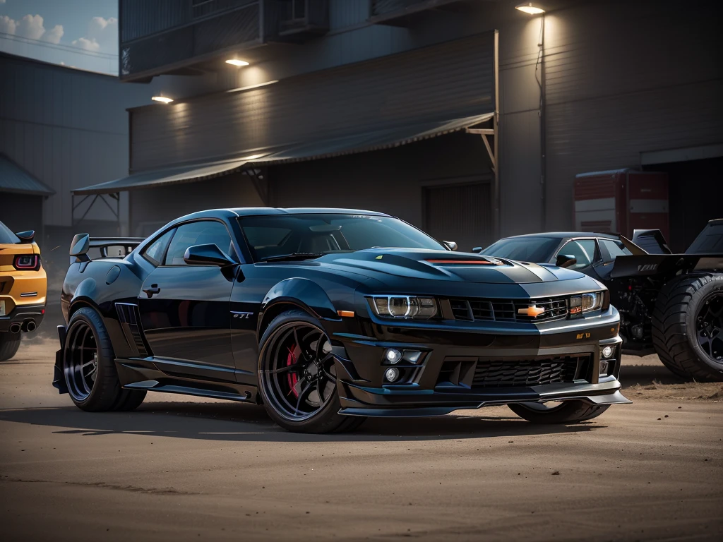 "Chevrolet Camaro 2SS 2014 in brutal sport tuning body kit and oversized off-road wheels that protrude beyond the wheel arches at dark background."