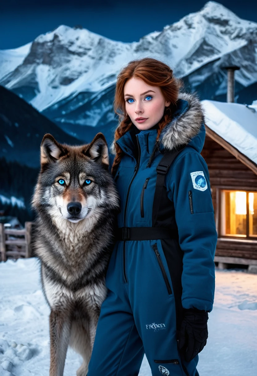 redhead in a snow suit and a black wolf with blue eyes next to her, with the background of frozen mountains and next to a small destroyed chalet and the wolf on the side at night